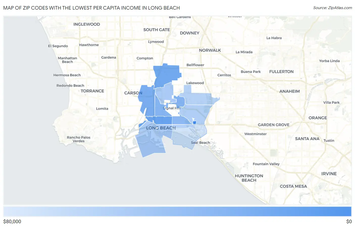 Zip Codes with the Lowest Per Capita Income in Long Beach Map