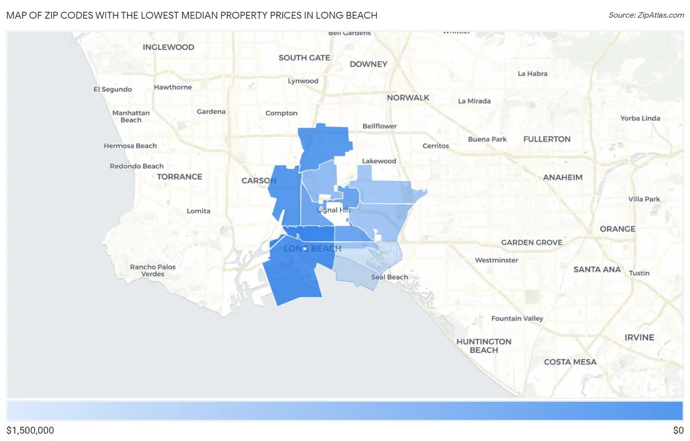 Zip Codes with the Lowest Median Property Prices in Long Beach Map