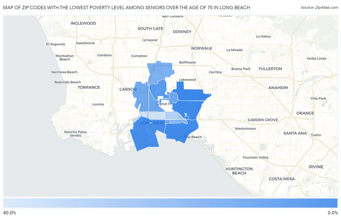 Zip Codes with the Lowest Poverty Level Among Seniors Over the Age of 75 in Long Beach Map