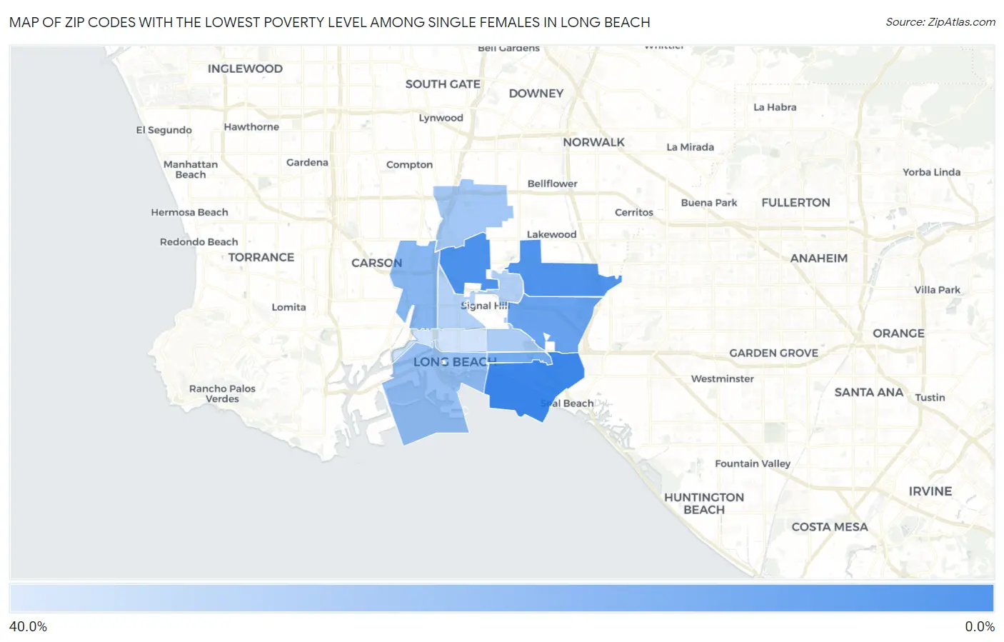 Zip Codes with the Lowest Poverty Level Among Single Females in Long Beach Map