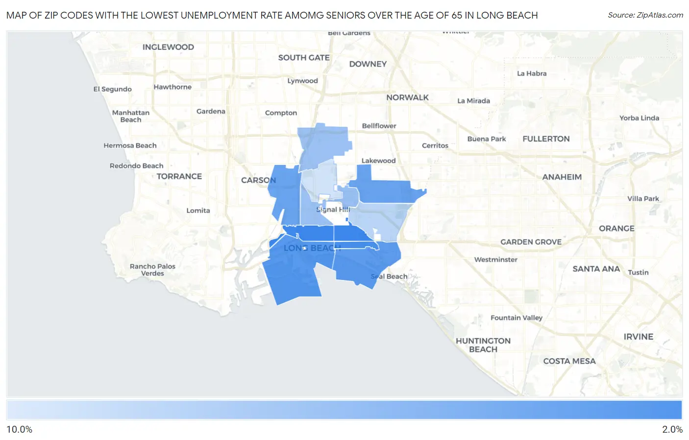 Zip Codes with the Lowest Unemployment Rate Amomg Seniors Over the Age of 65 in Long Beach Map