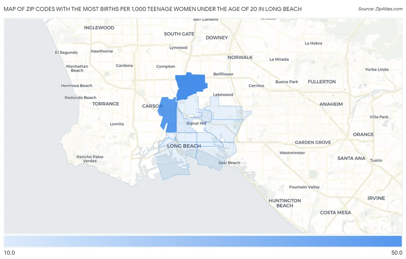 Zip Codes with the Most Births per 1,000 Teenage Women Under the Age of 20 in Long Beach Map