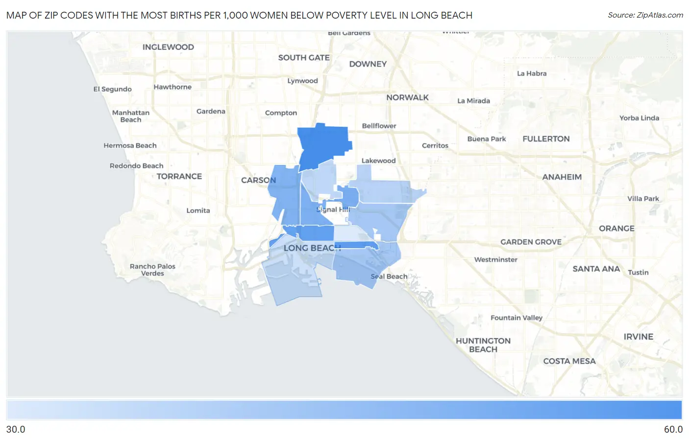 Zip Codes with the Most Births per 1,000 Women Below Poverty Level in Long Beach Map