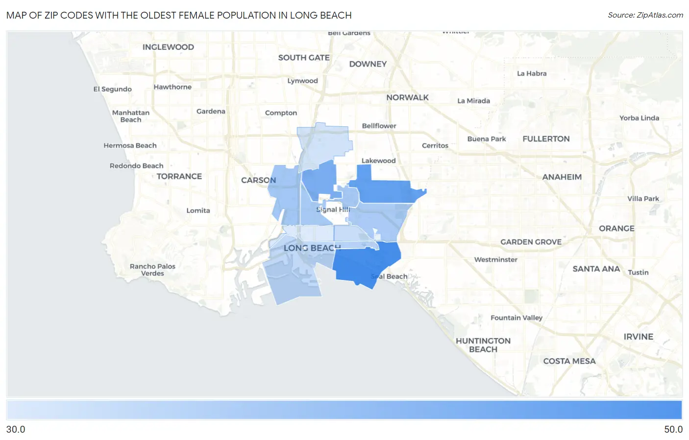 Zip Codes with the Oldest Female Population in Long Beach Map