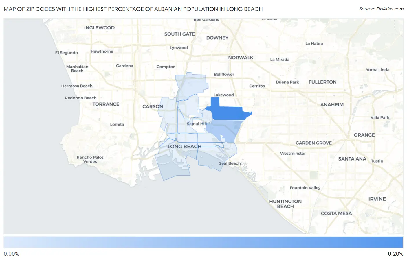 Zip Codes with the Highest Percentage of Albanian Population in Long Beach Map