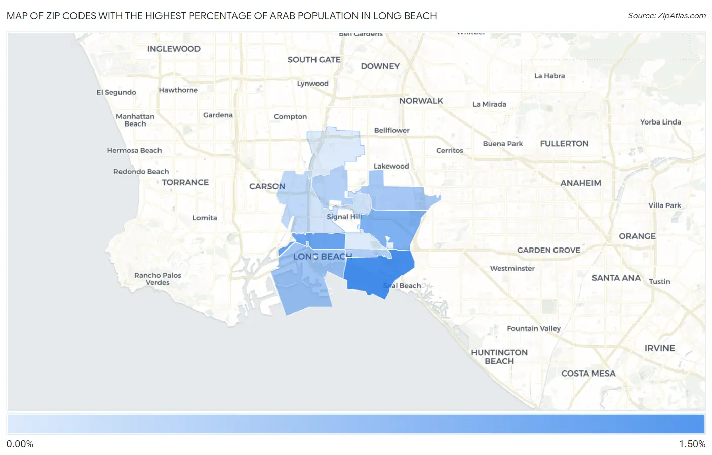 Zip Codes with the Highest Percentage of Arab Population in Long Beach Map