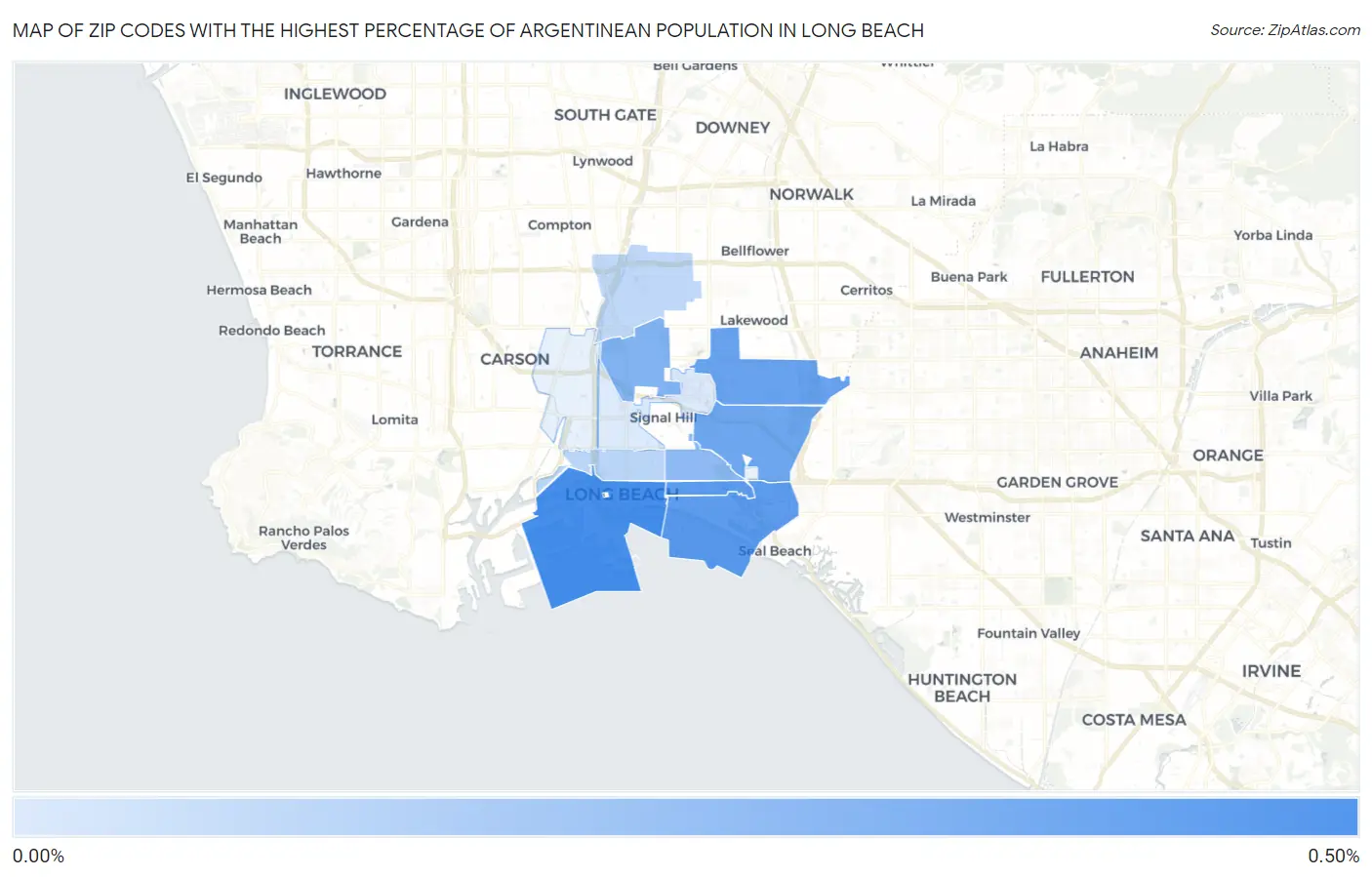 Zip Codes with the Highest Percentage of Argentinean Population in Long Beach Map