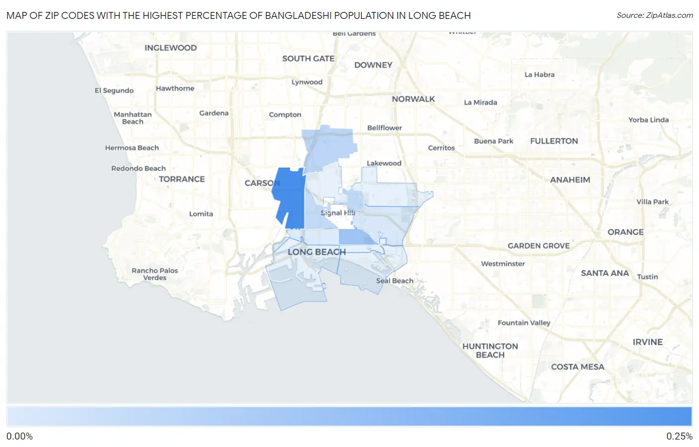 Zip Codes with the Highest Percentage of Bangladeshi Population in Long Beach Map