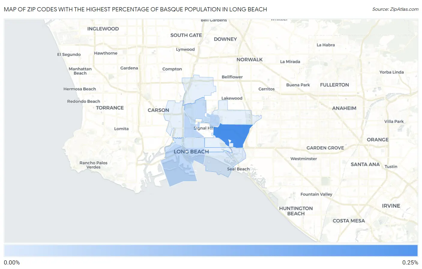 Zip Codes with the Highest Percentage of Basque Population in Long Beach Map
