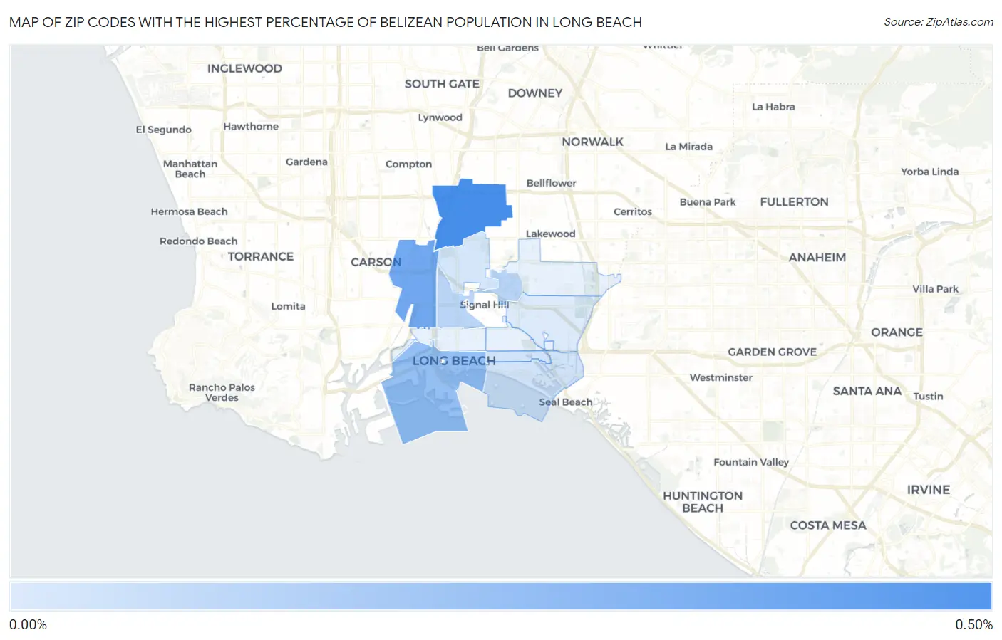 Zip Codes with the Highest Percentage of Belizean Population in Long Beach Map