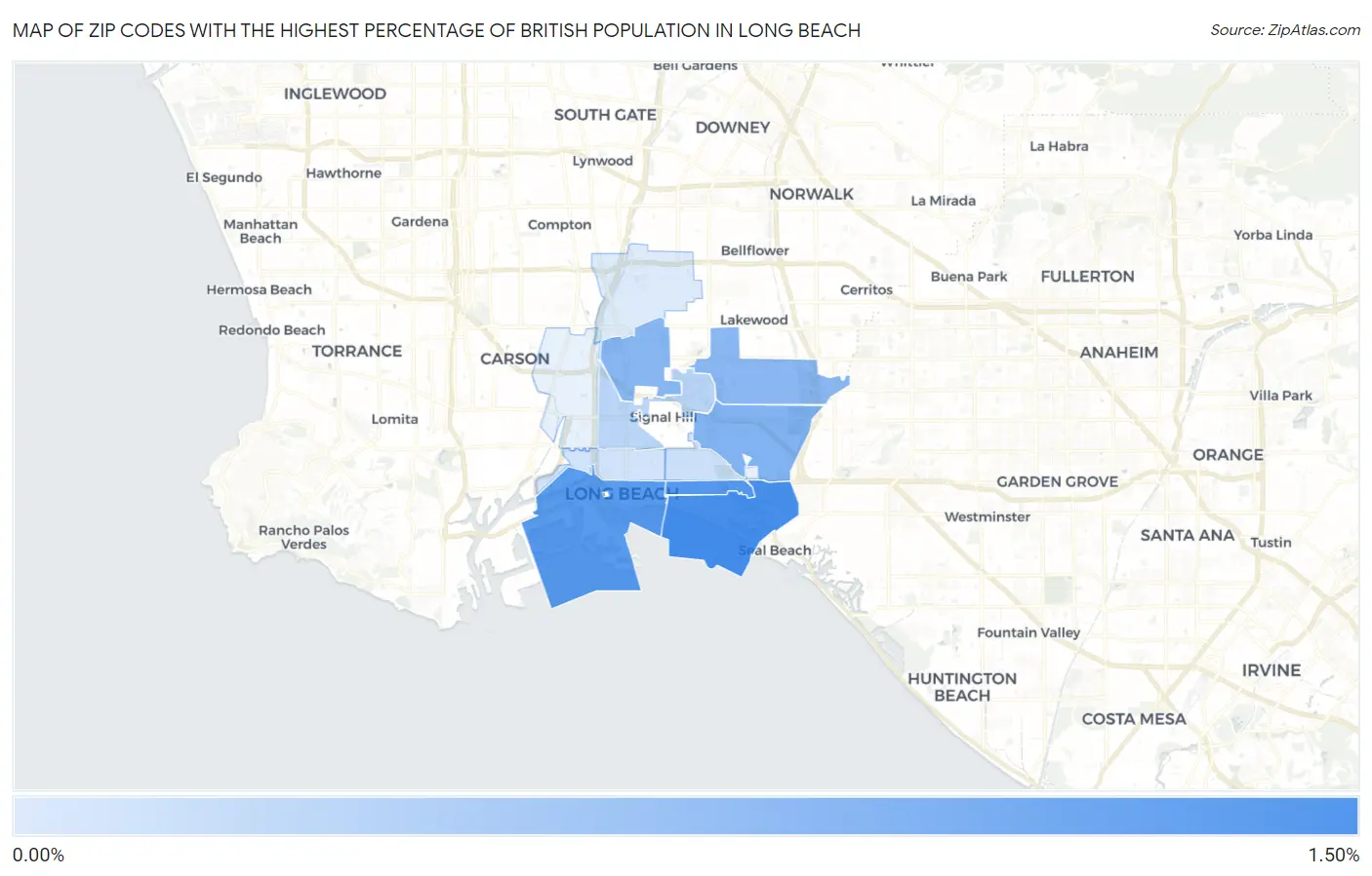 Zip Codes with the Highest Percentage of British Population in Long Beach Map