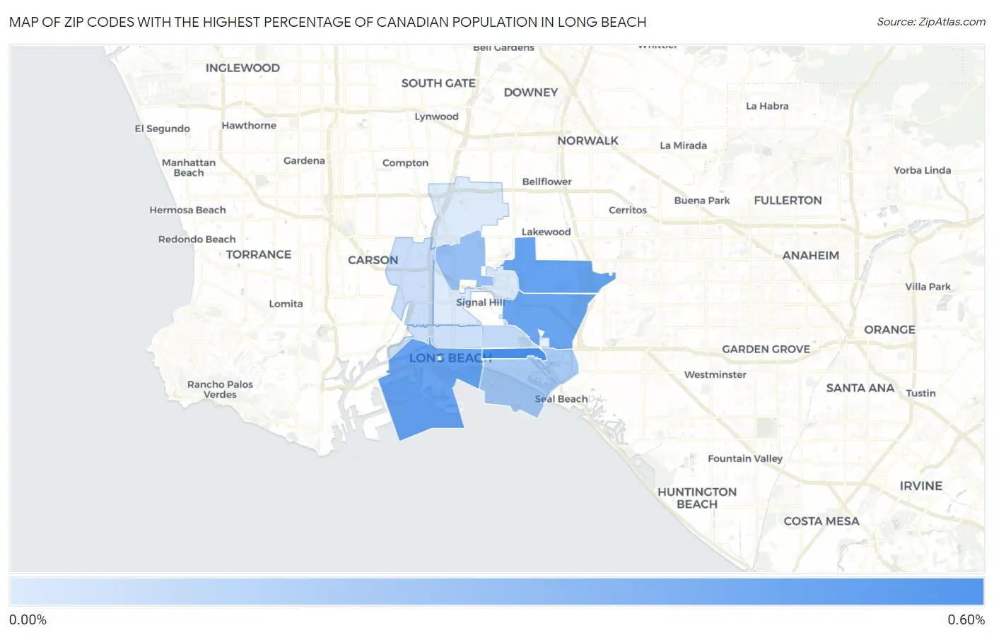 Zip Codes with the Highest Percentage of Canadian Population in Long Beach Map