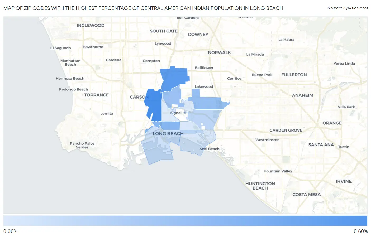 Zip Codes with the Highest Percentage of Central American Indian Population in Long Beach Map