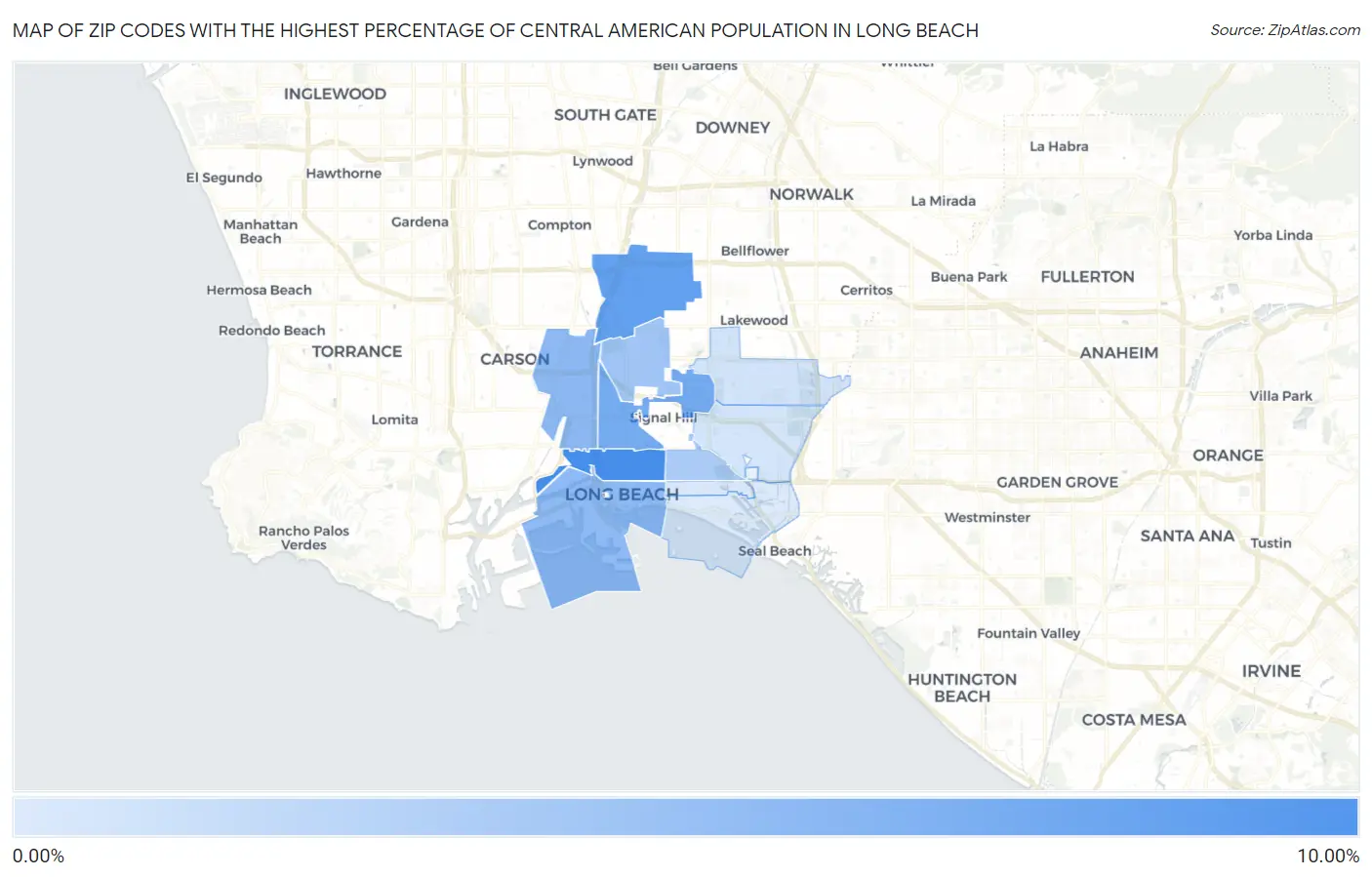 Zip Codes with the Highest Percentage of Central American Population in Long Beach Map