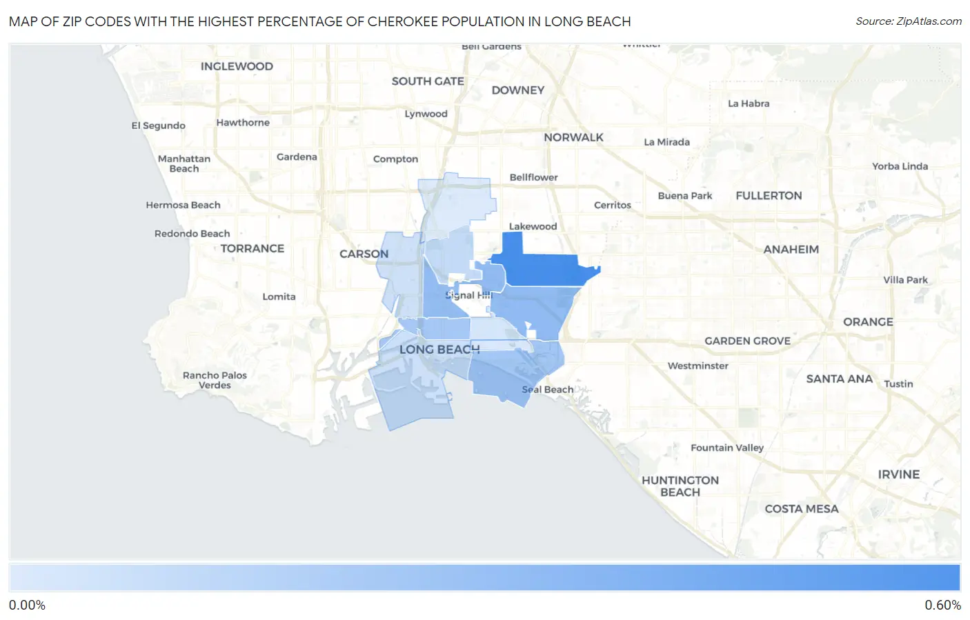 Zip Codes with the Highest Percentage of Cherokee Population in Long Beach Map