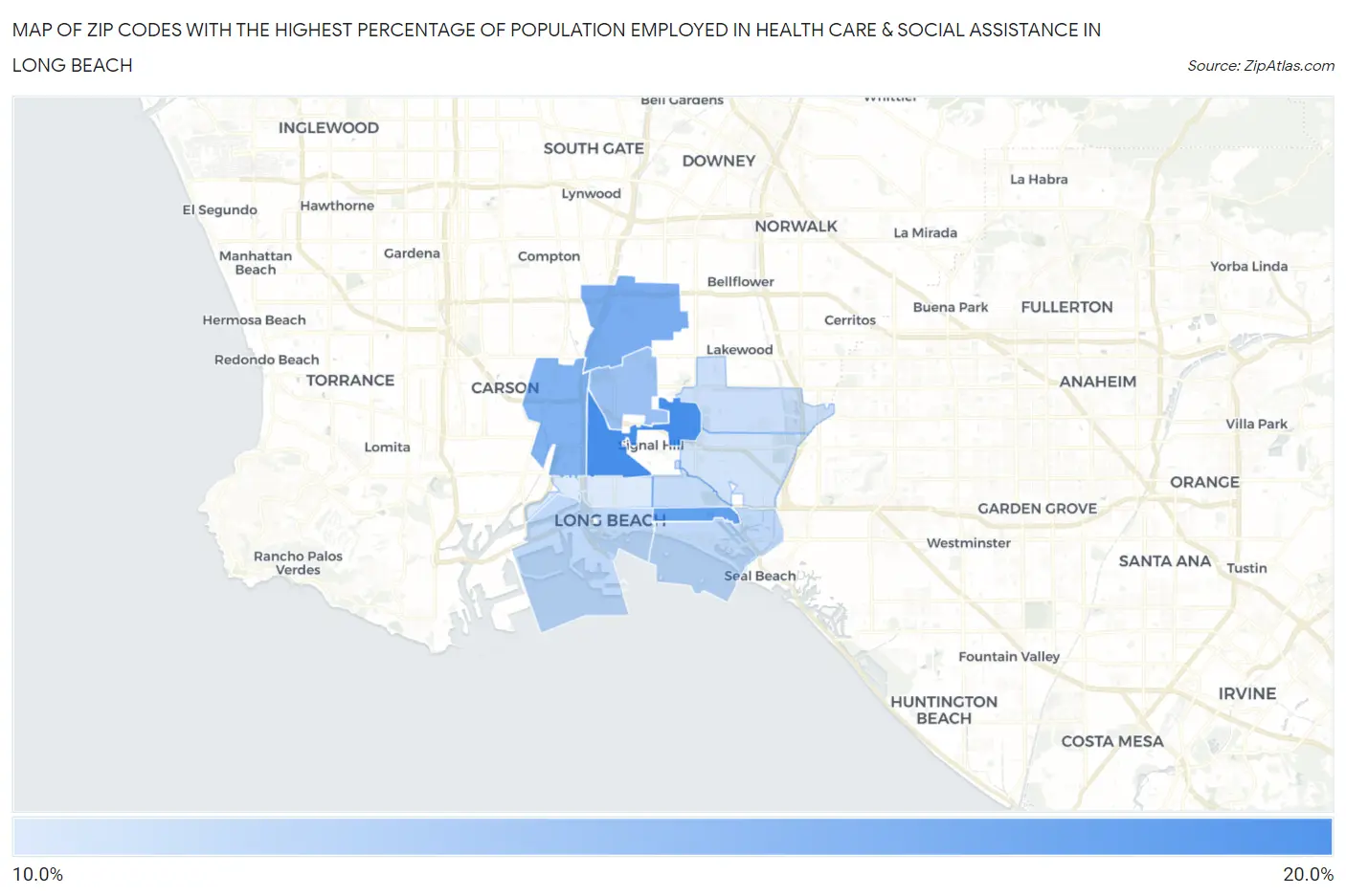 Zip Codes with the Highest Percentage of Population Employed in Health Care & Social Assistance in Long Beach Map