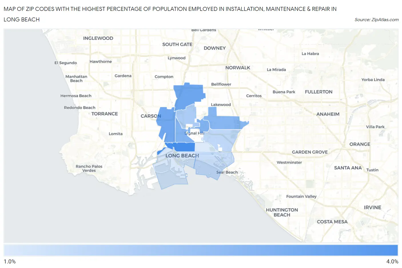 Zip Codes with the Highest Percentage of Population Employed in Installation, Maintenance & Repair in Long Beach Map