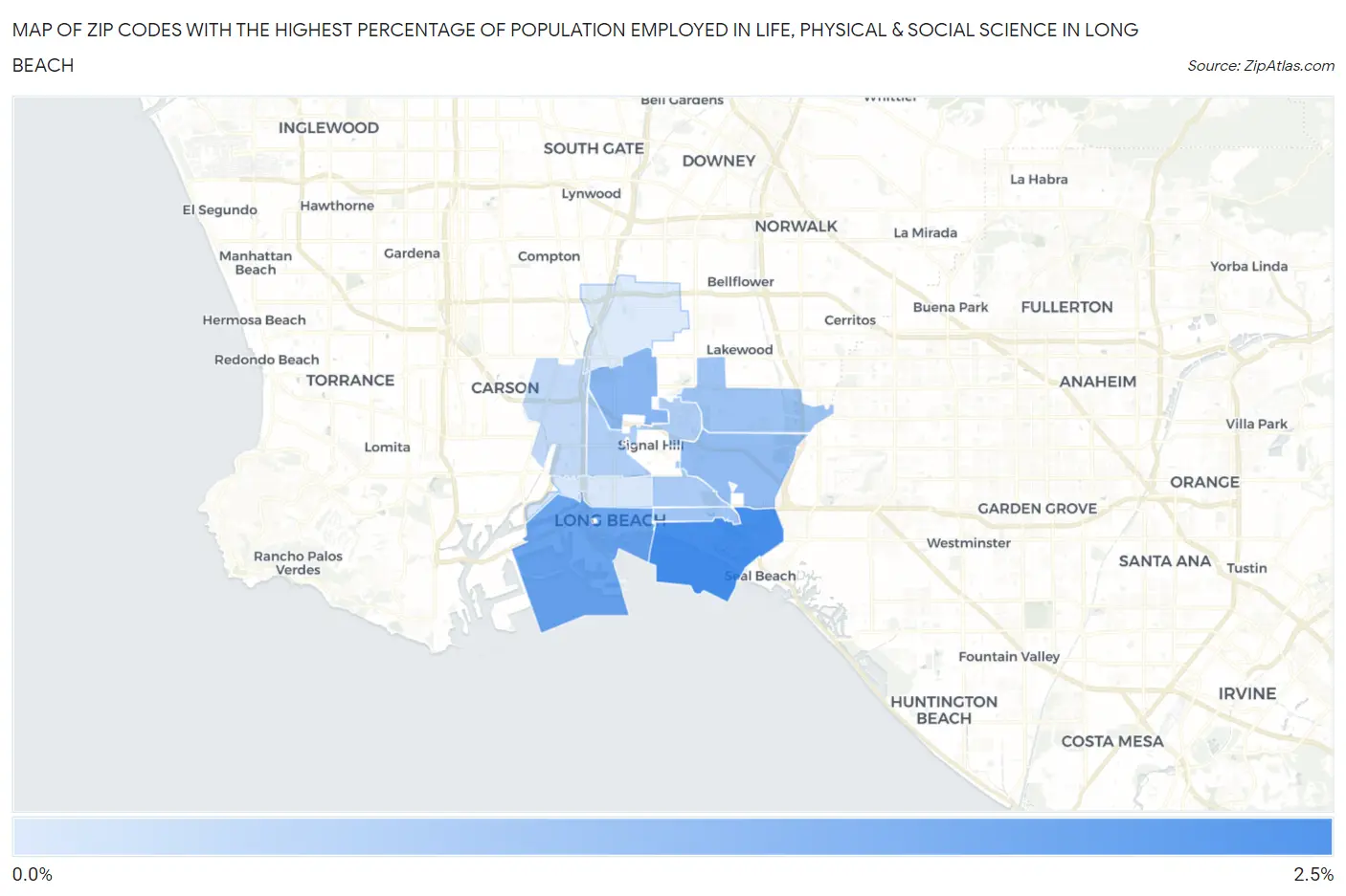 Zip Codes with the Highest Percentage of Population Employed in Life, Physical & Social Science in Long Beach Map