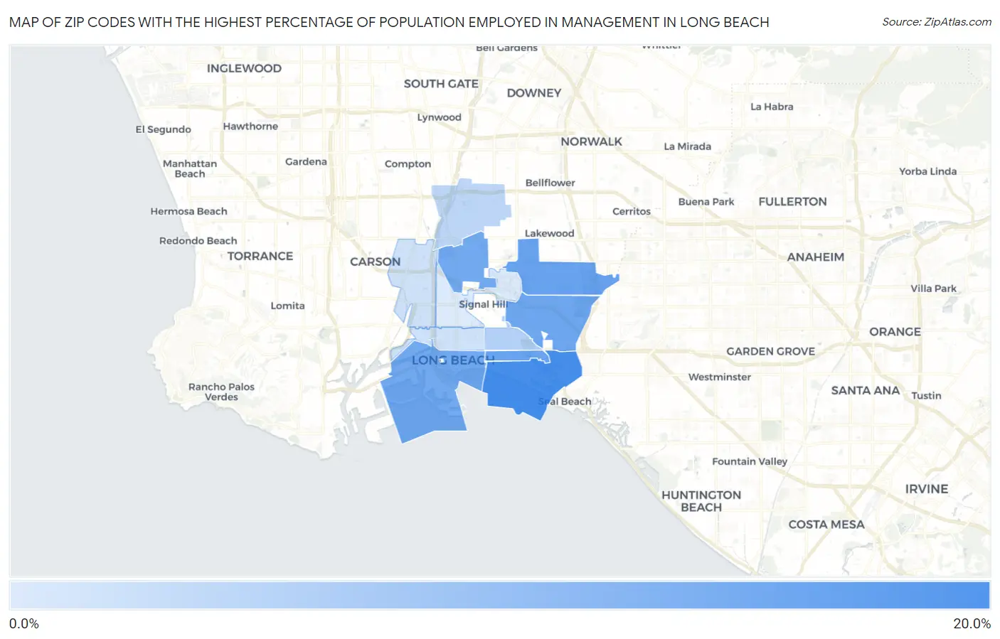 Zip Codes with the Highest Percentage of Population Employed in Management in Long Beach Map