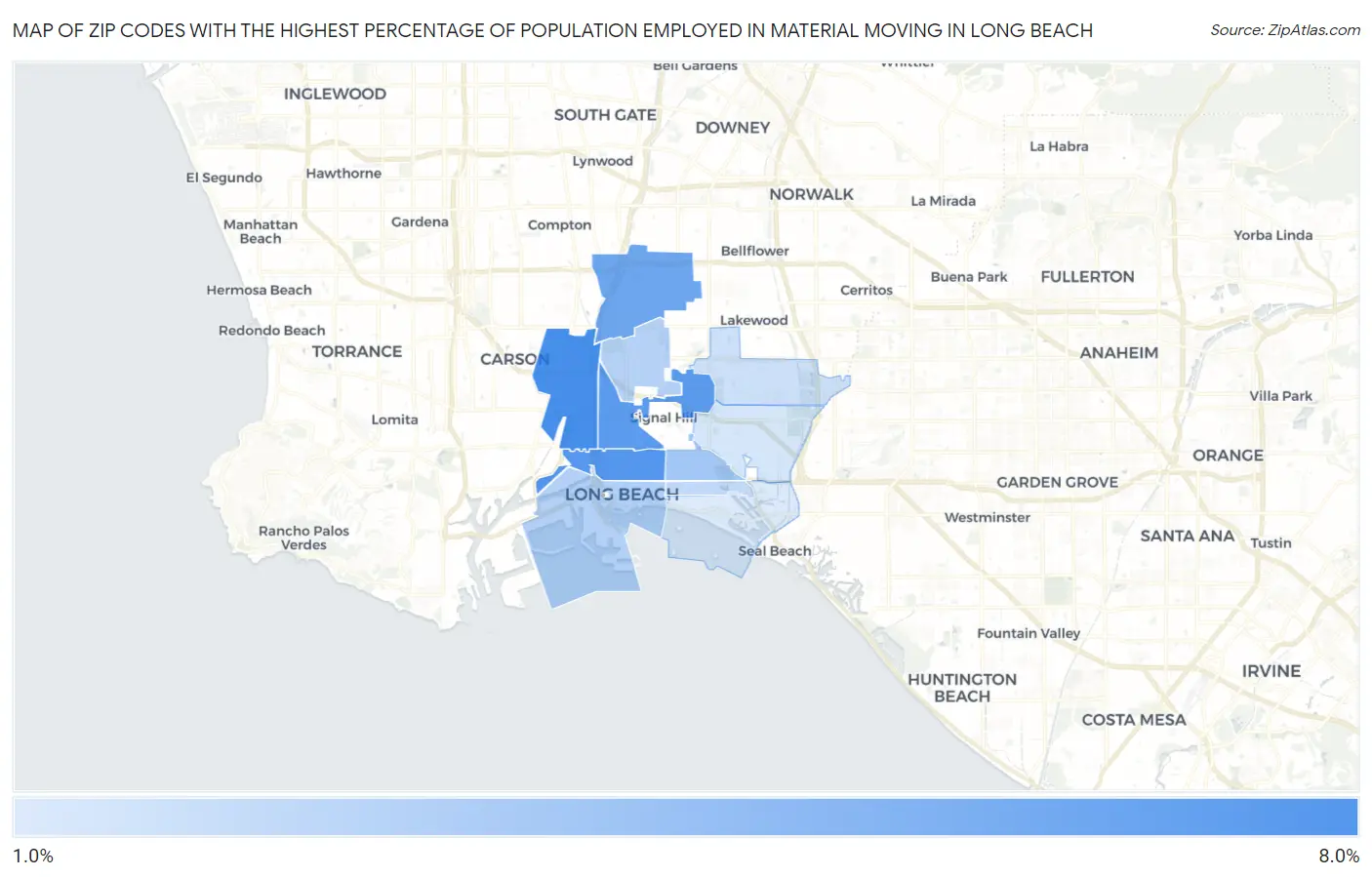Zip Codes with the Highest Percentage of Population Employed in Material Moving in Long Beach Map