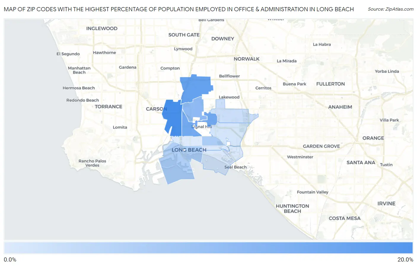 Zip Codes with the Highest Percentage of Population Employed in Office & Administration in Long Beach Map