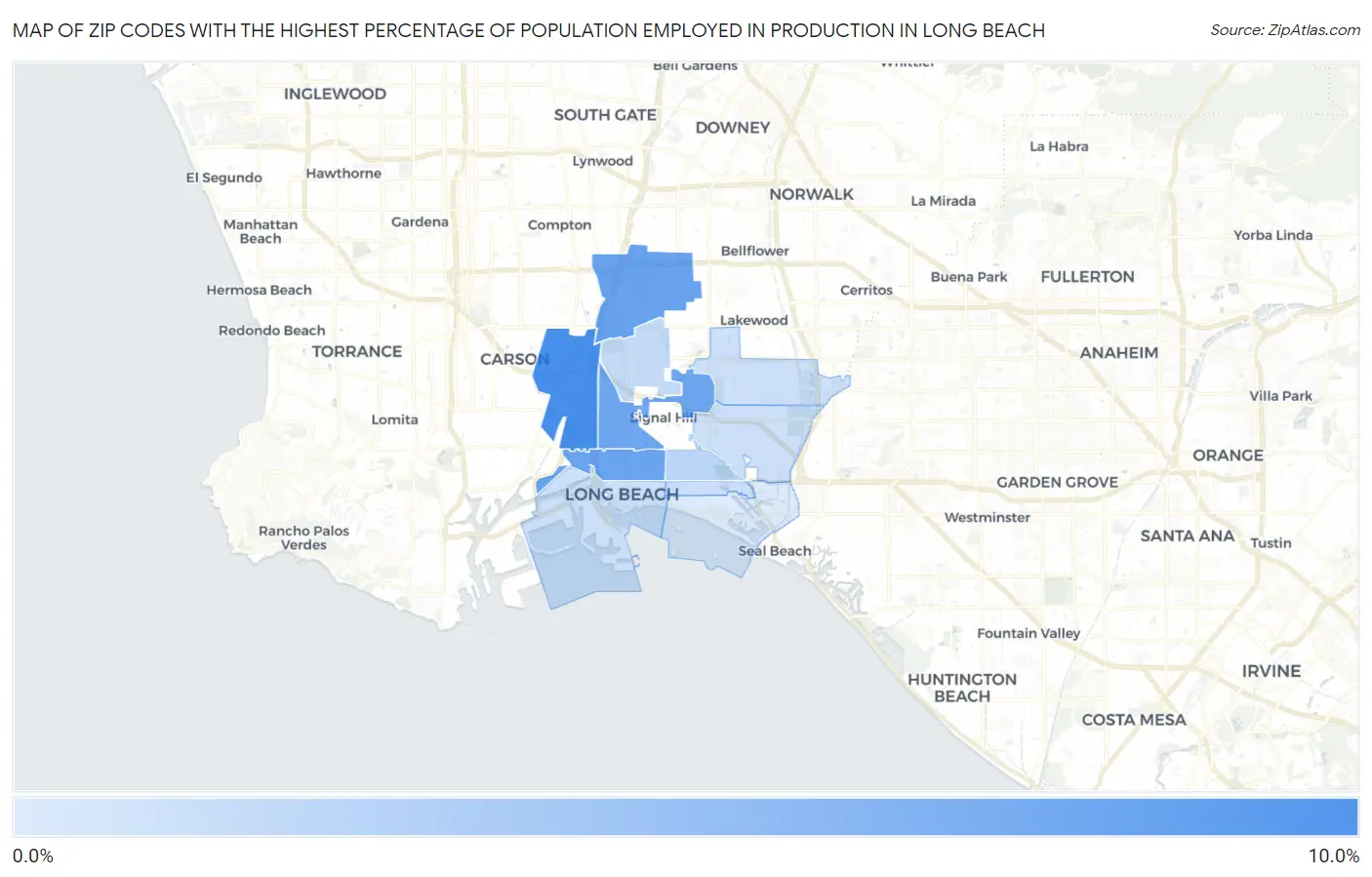 Zip Codes with the Highest Percentage of Population Employed in Production in Long Beach Map