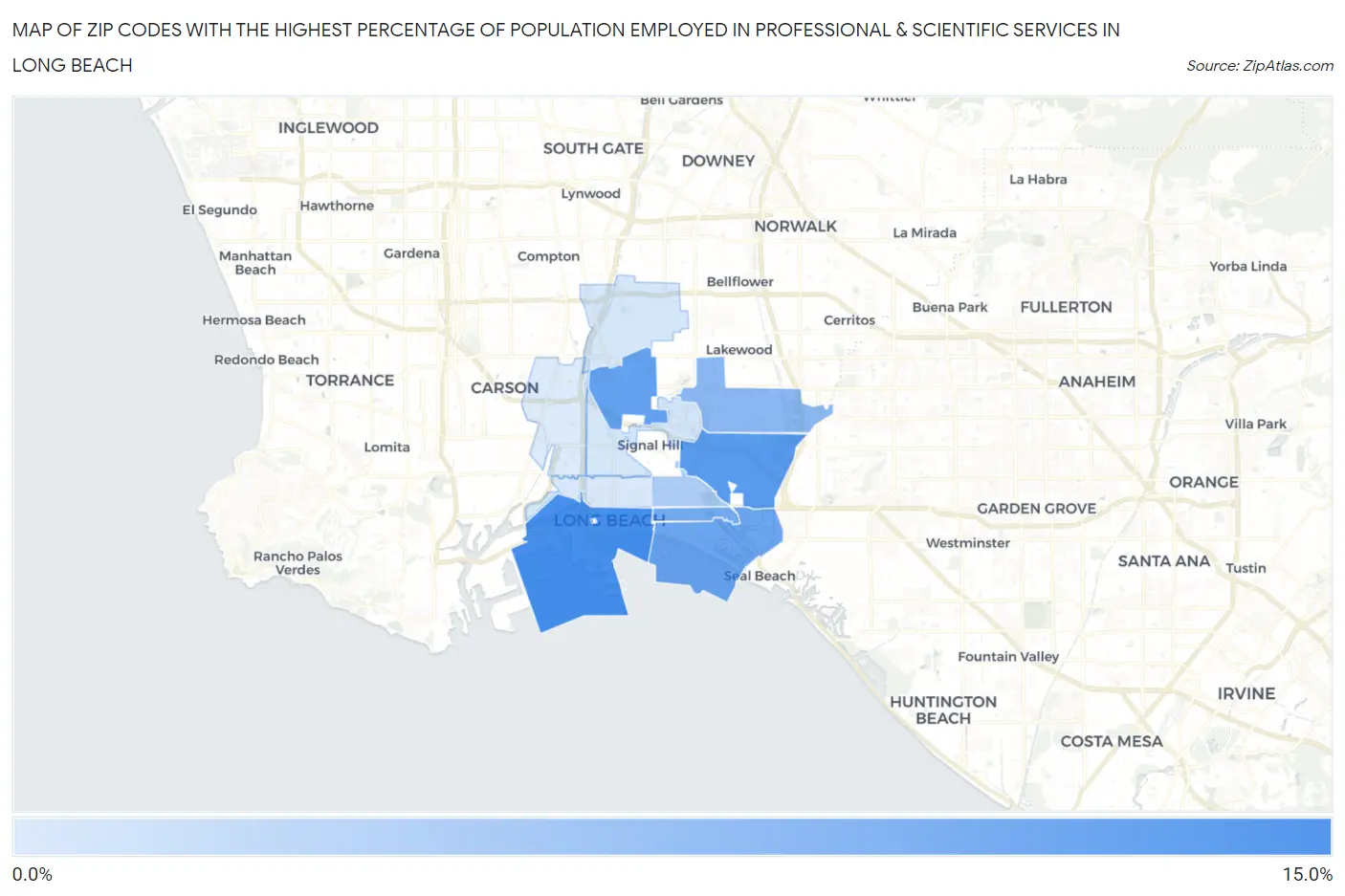 Zip Codes with the Highest Percentage of Population Employed in Professional & Scientific Services in Long Beach Map