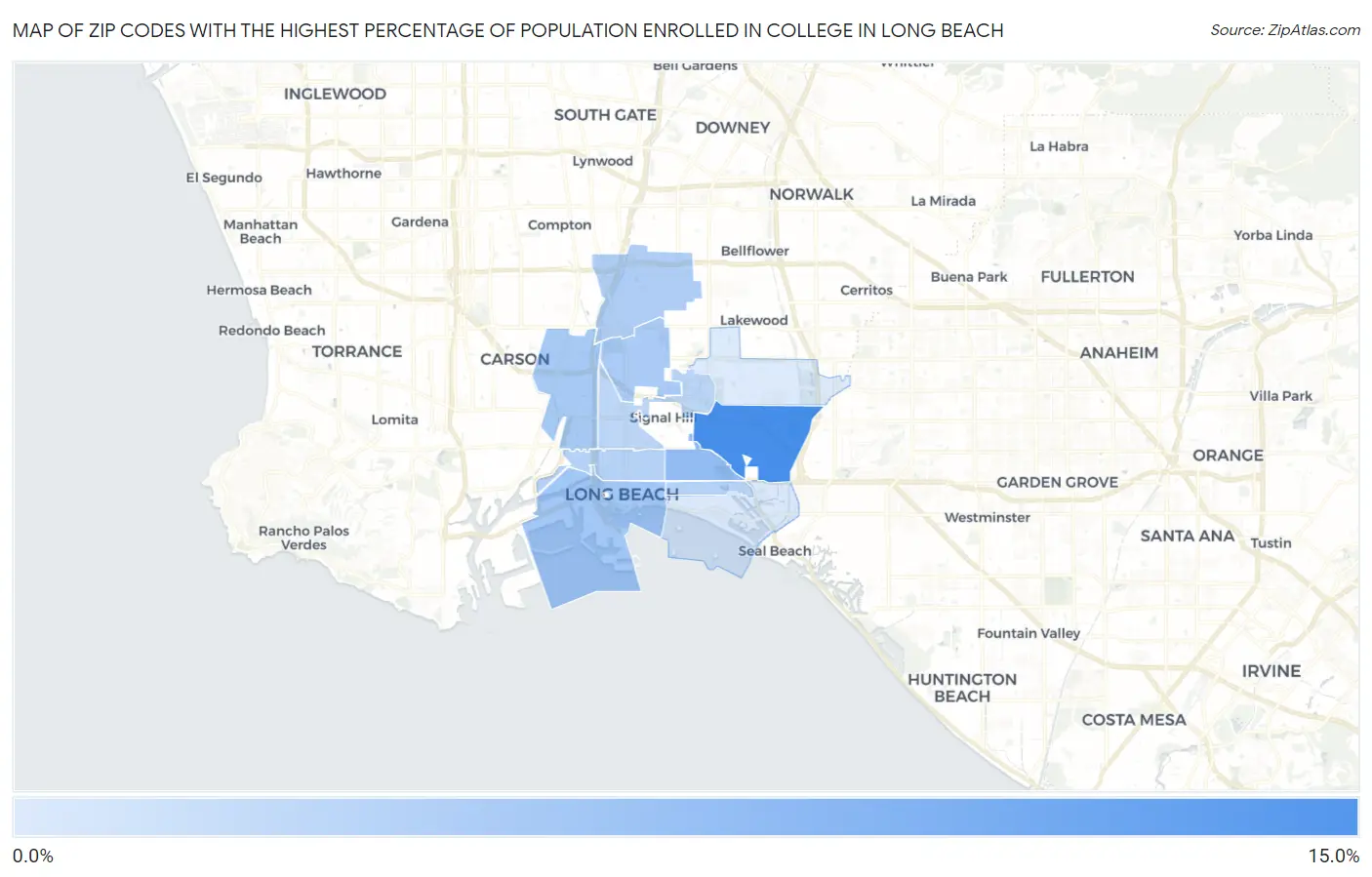 Zip Codes with the Highest Percentage of Population Enrolled in College in Long Beach Map