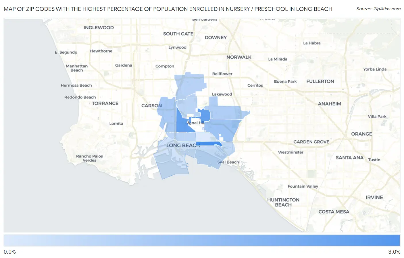 Zip Codes with the Highest Percentage of Population Enrolled in Nursery / Preschool in Long Beach Map
