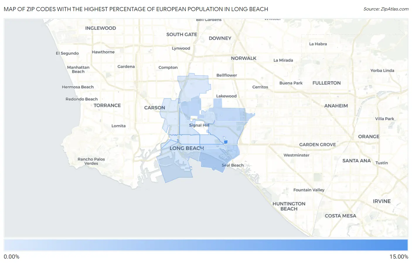 Zip Codes with the Highest Percentage of European Population in Long Beach Map
