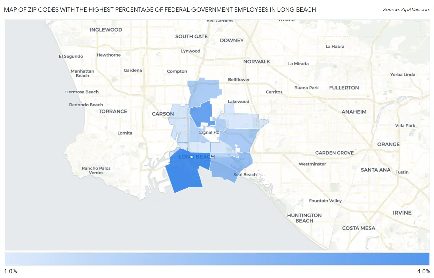 Zip Codes with the Highest Percentage of Federal Government Employees in Long Beach Map