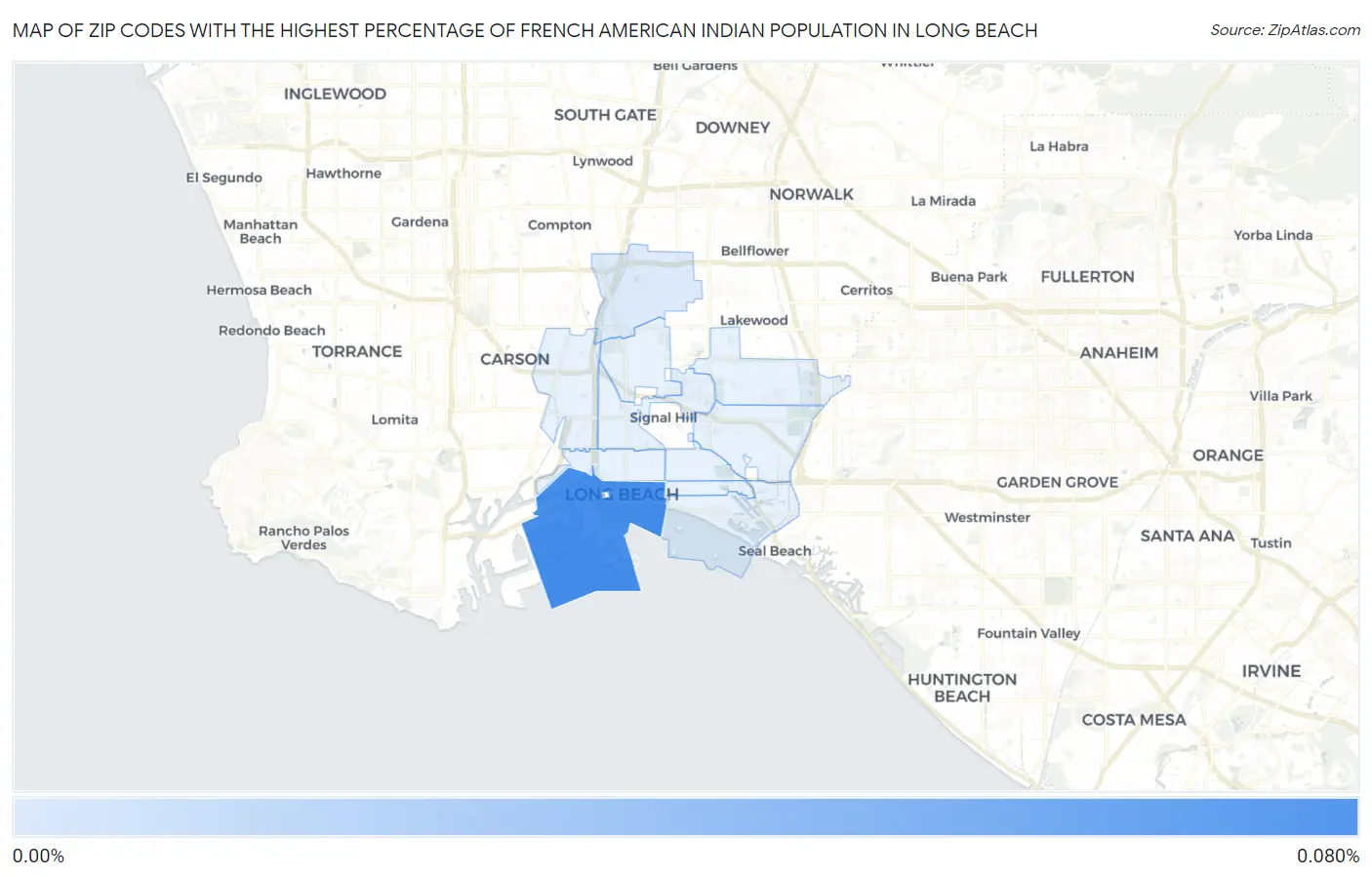 Zip Codes with the Highest Percentage of French American Indian Population in Long Beach Map