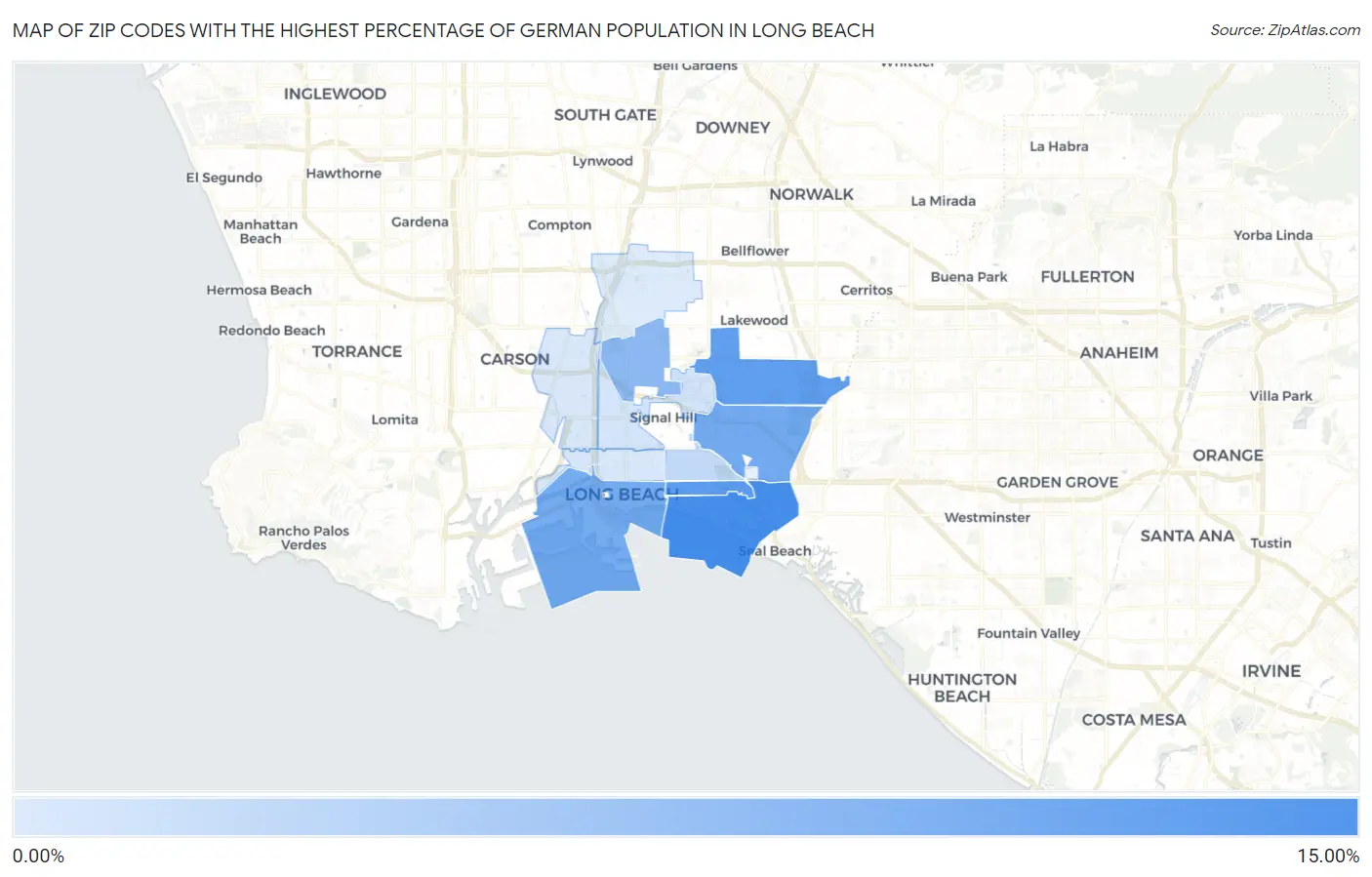 Zip Codes with the Highest Percentage of German Population in Long Beach Map