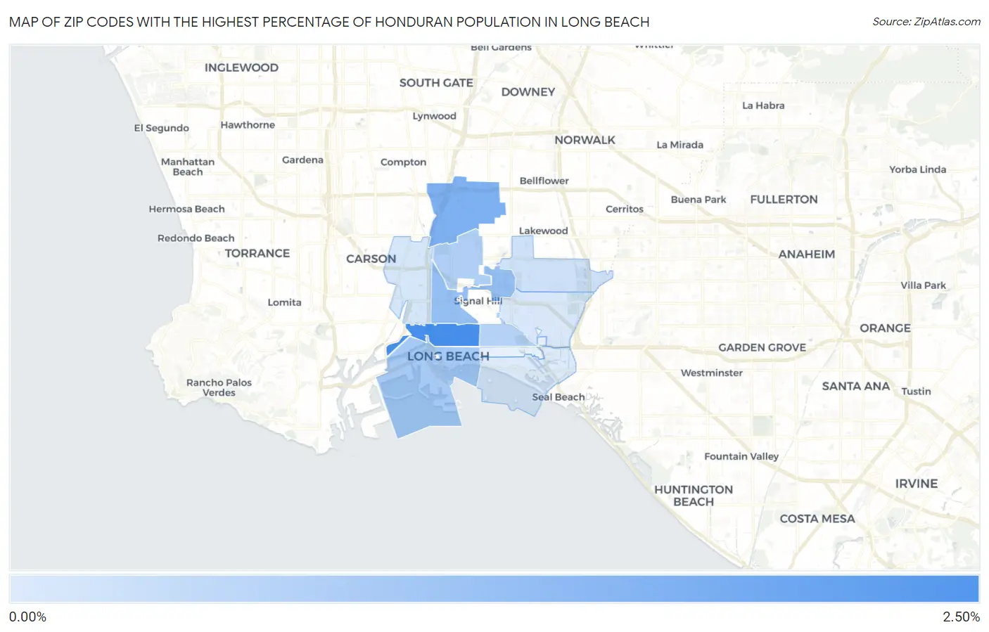 Zip Codes with the Highest Percentage of Honduran Population in Long Beach Map