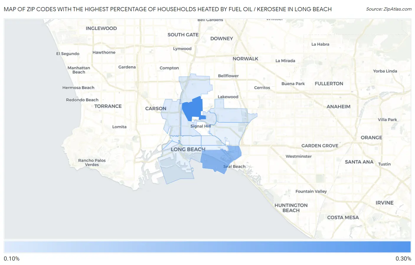 Zip Codes with the Highest Percentage of Households Heated by Fuel Oil / Kerosene in Long Beach Map