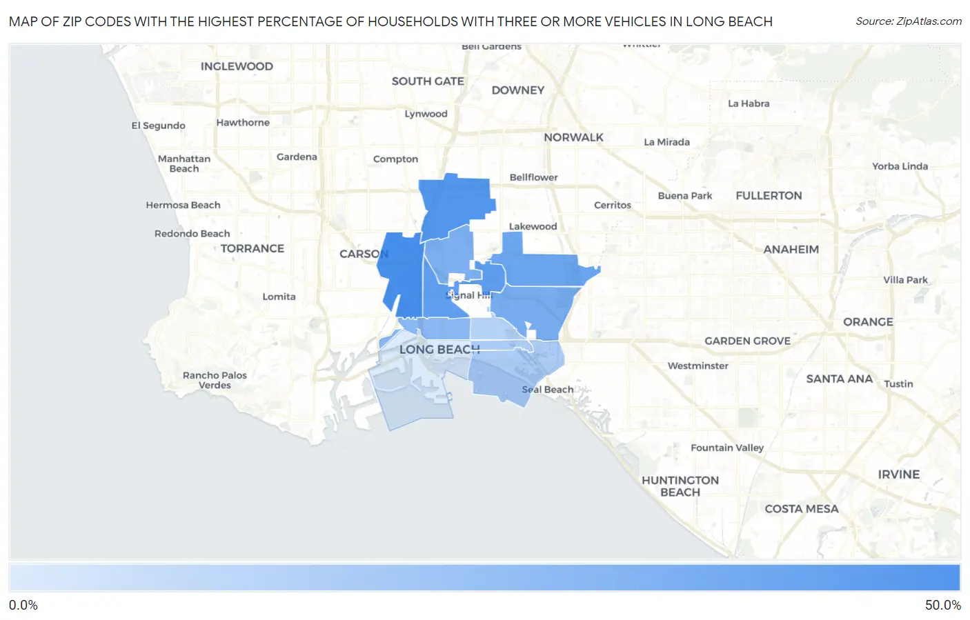Zip Codes with the Highest Percentage of Households With Three or more Vehicles in Long Beach Map