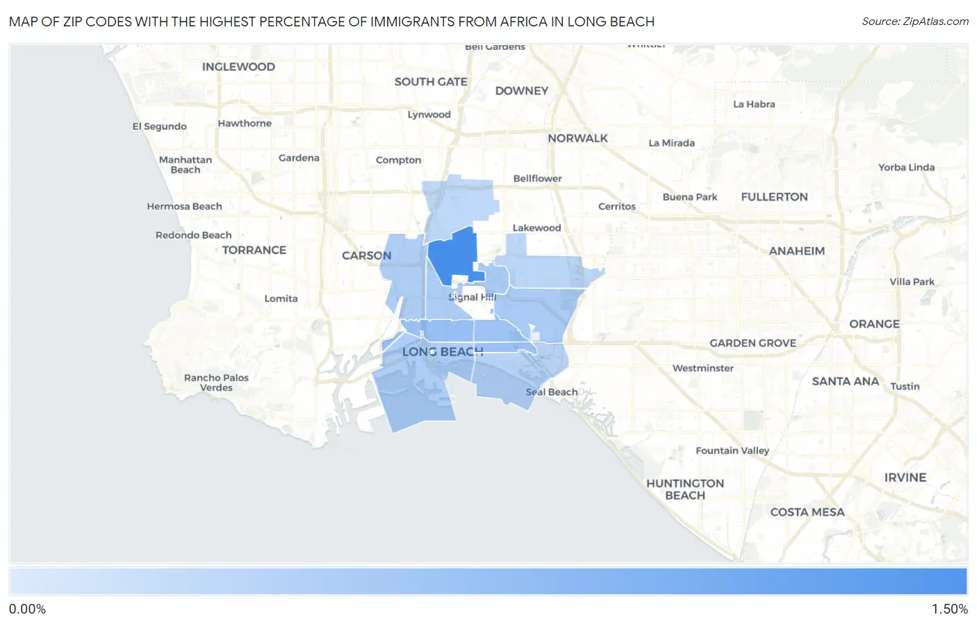 Zip Codes with the Highest Percentage of Immigrants from Africa in Long Beach Map