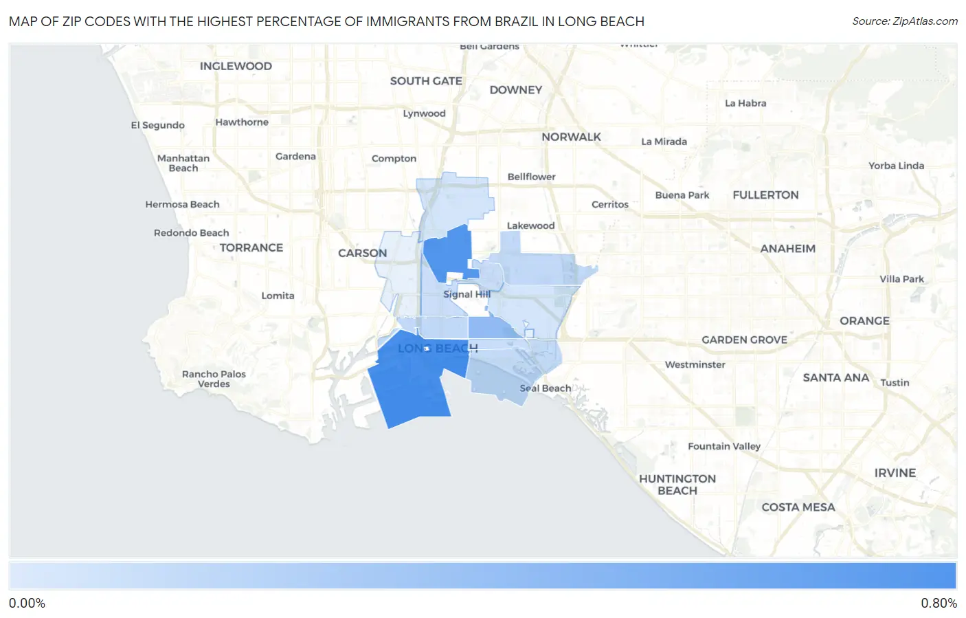 Zip Codes with the Highest Percentage of Immigrants from Brazil in Long Beach Map