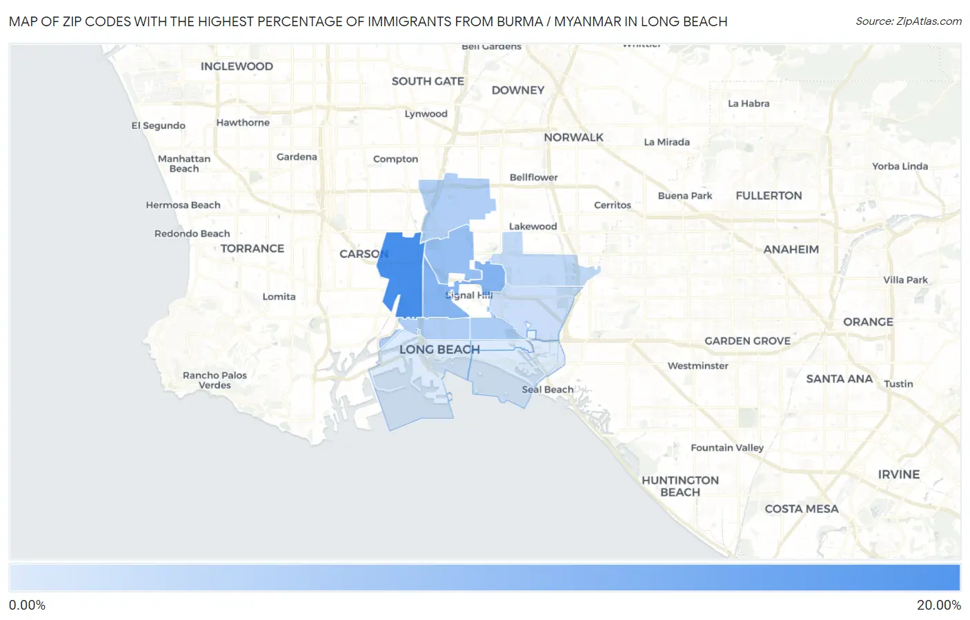 Zip Codes with the Highest Percentage of Immigrants from Burma / Myanmar in Long Beach Map