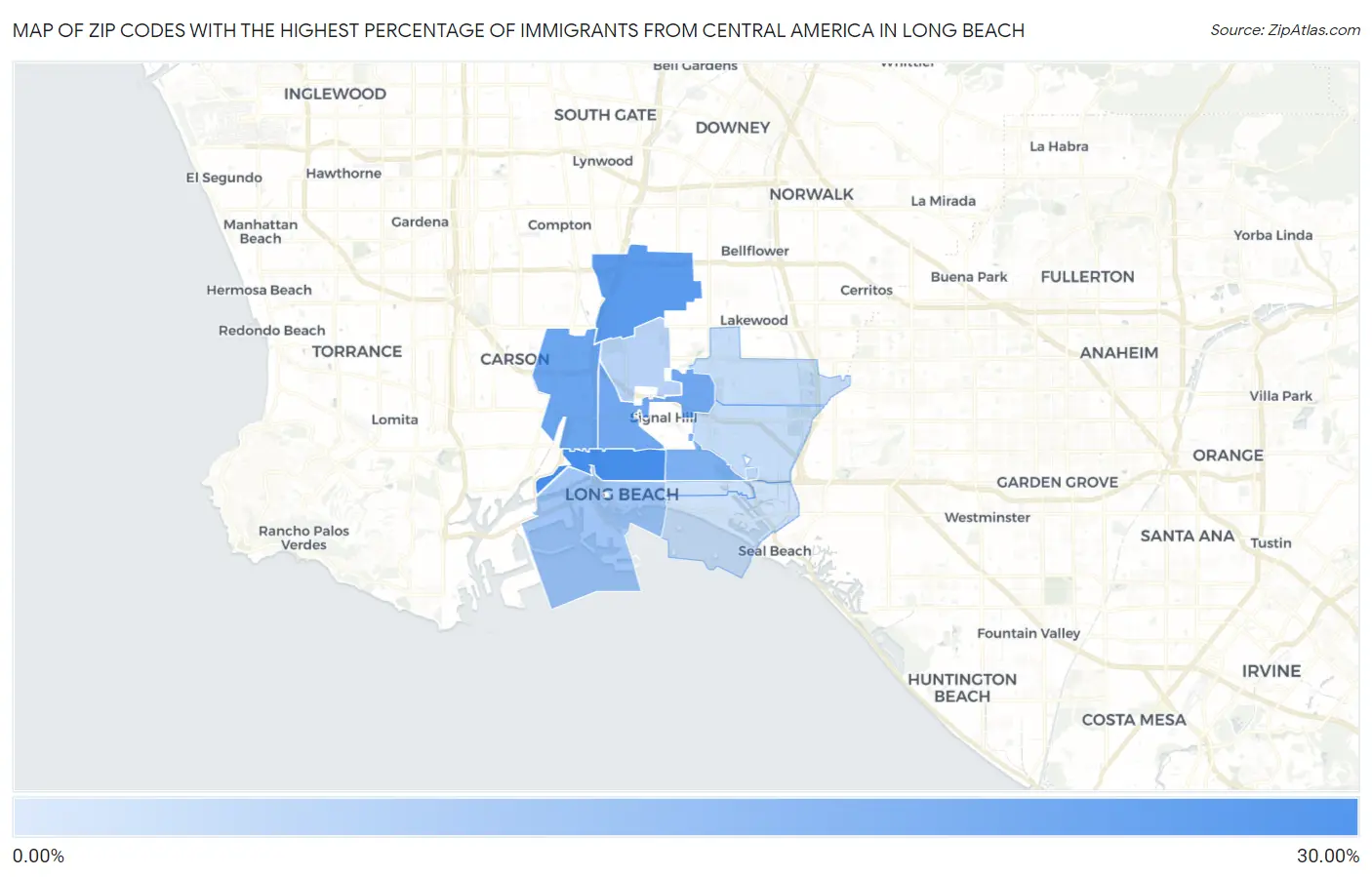 Zip Codes with the Highest Percentage of Immigrants from Central America in Long Beach Map