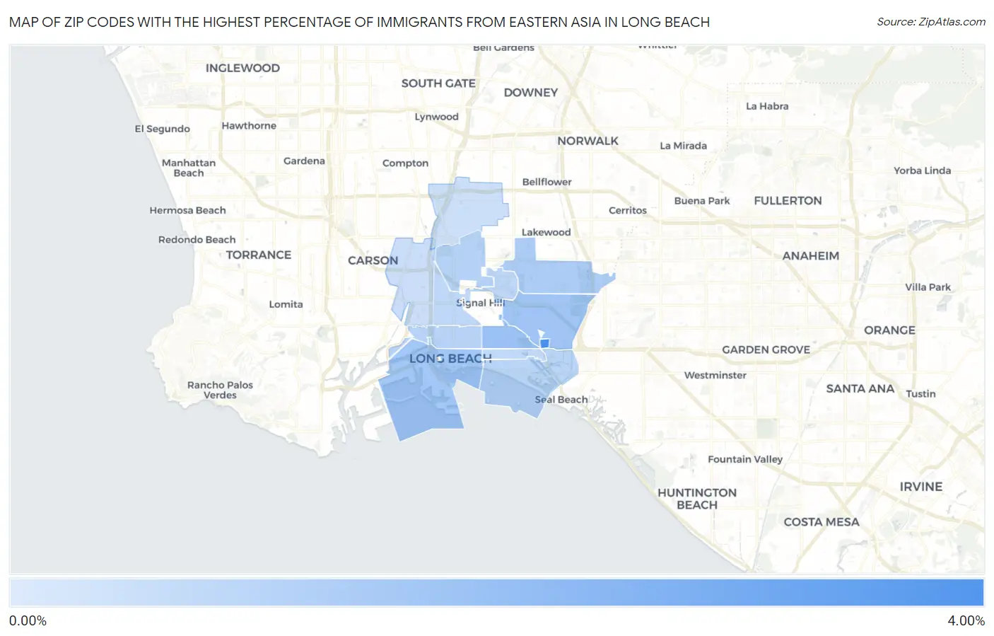 Zip Codes with the Highest Percentage of Immigrants from Eastern Asia in Long Beach Map