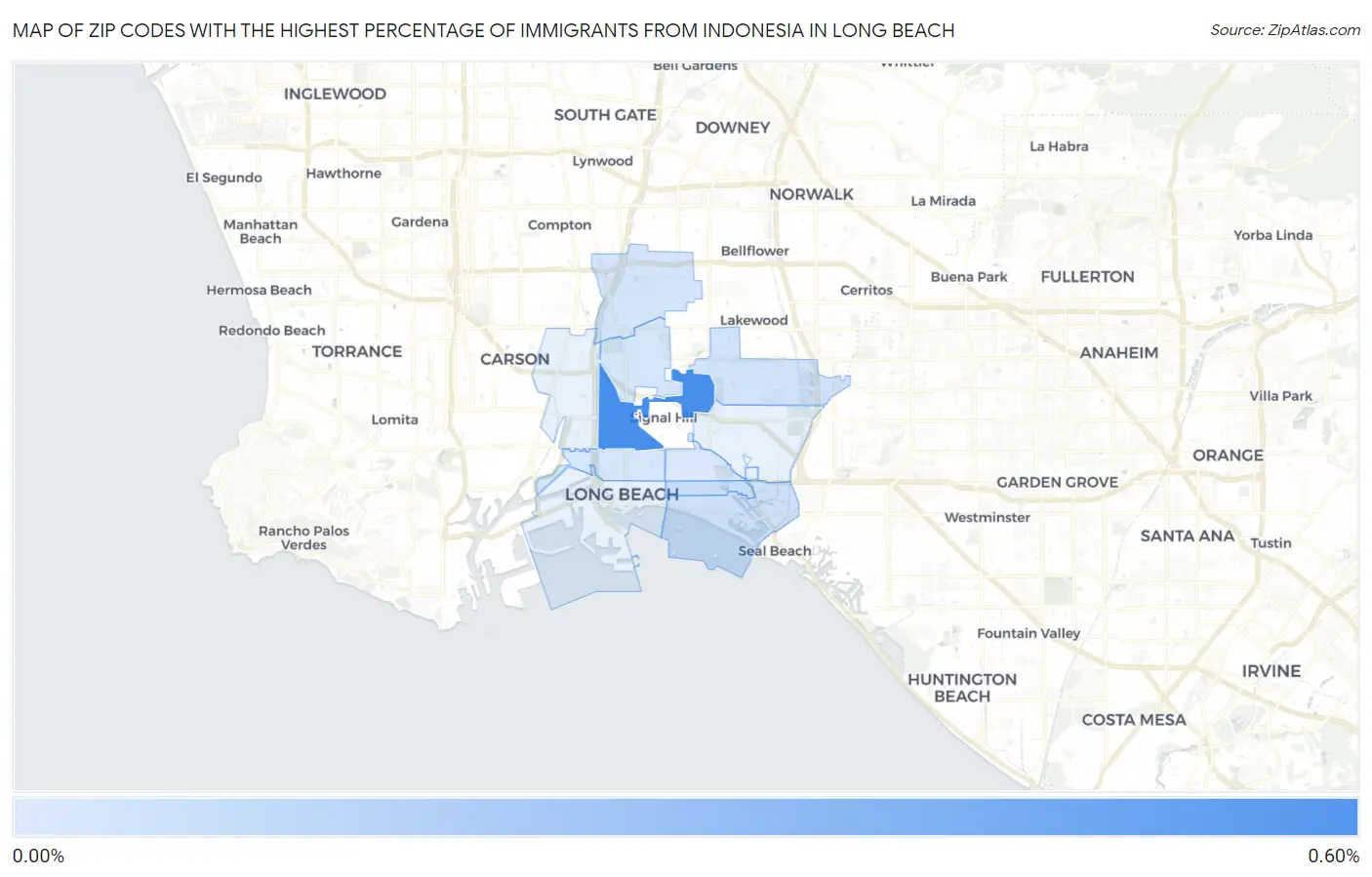 Zip Codes with the Highest Percentage of Immigrants from Indonesia in Long Beach Map
