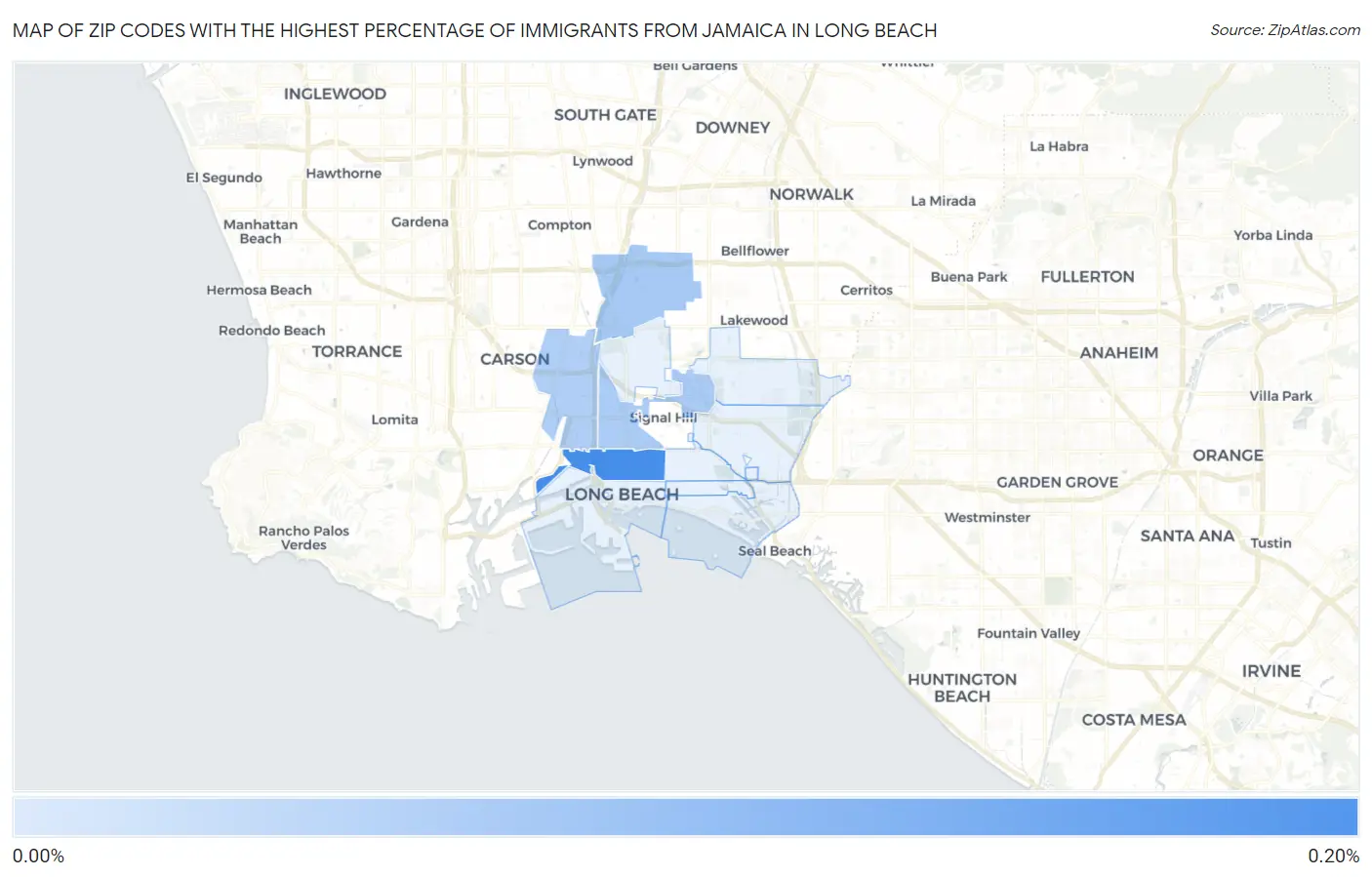 Zip Codes with the Highest Percentage of Immigrants from Jamaica in Long Beach Map