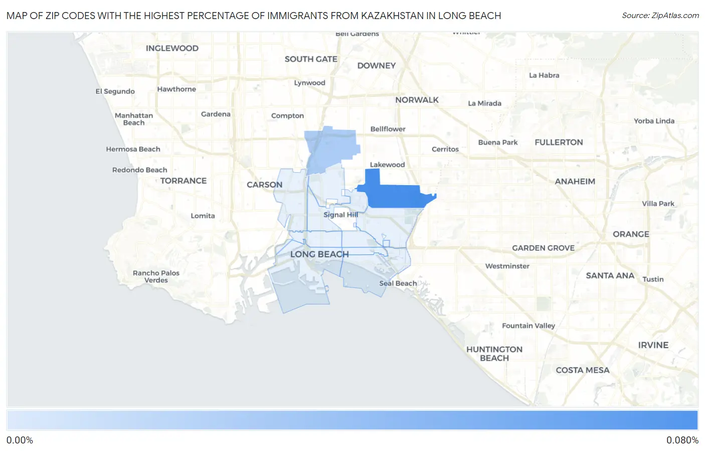 Zip Codes with the Highest Percentage of Immigrants from Kazakhstan in Long Beach Map