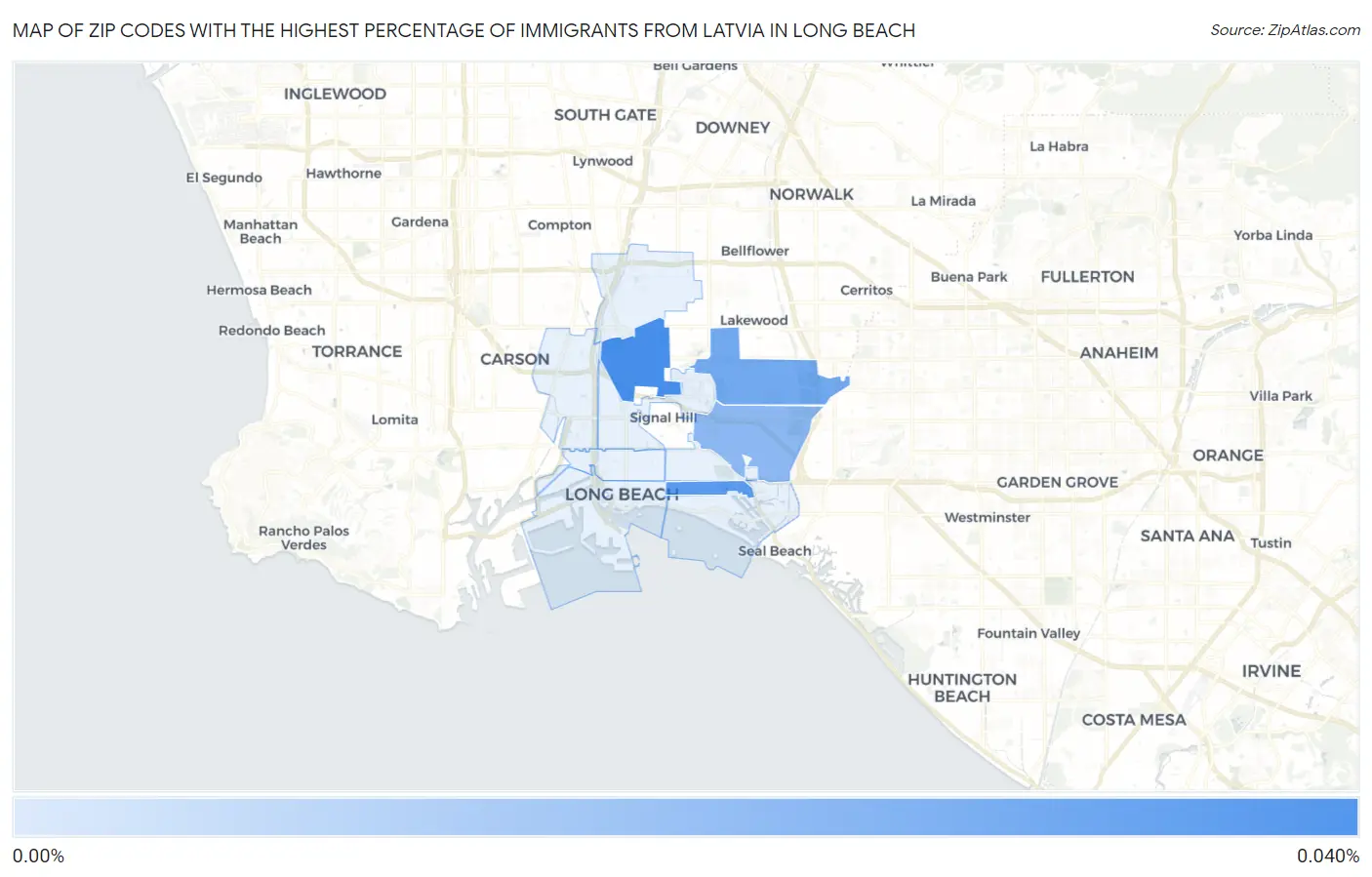Zip Codes with the Highest Percentage of Immigrants from Latvia in Long Beach Map