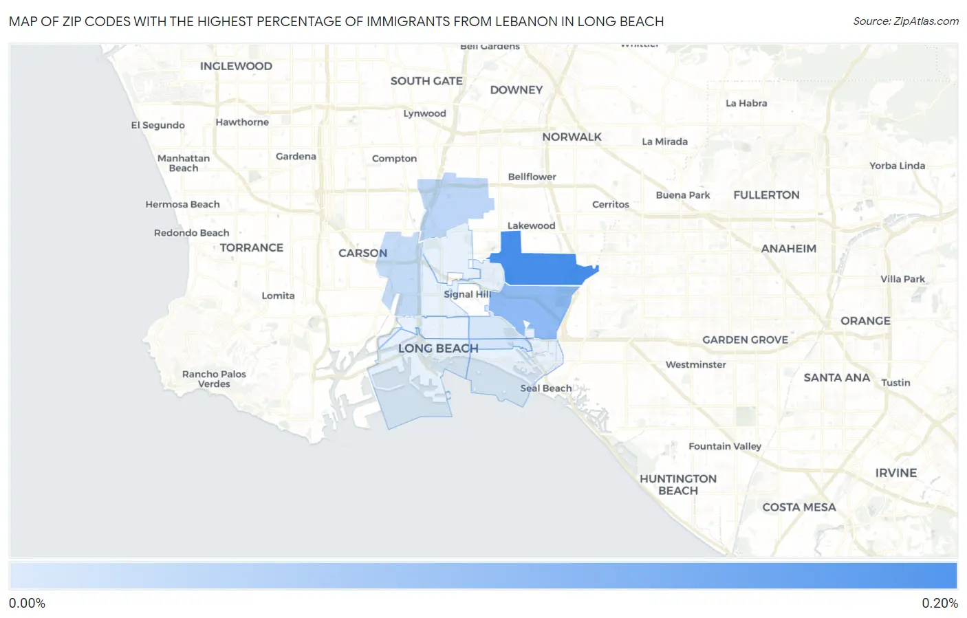 Zip Codes with the Highest Percentage of Immigrants from Lebanon in Long Beach Map