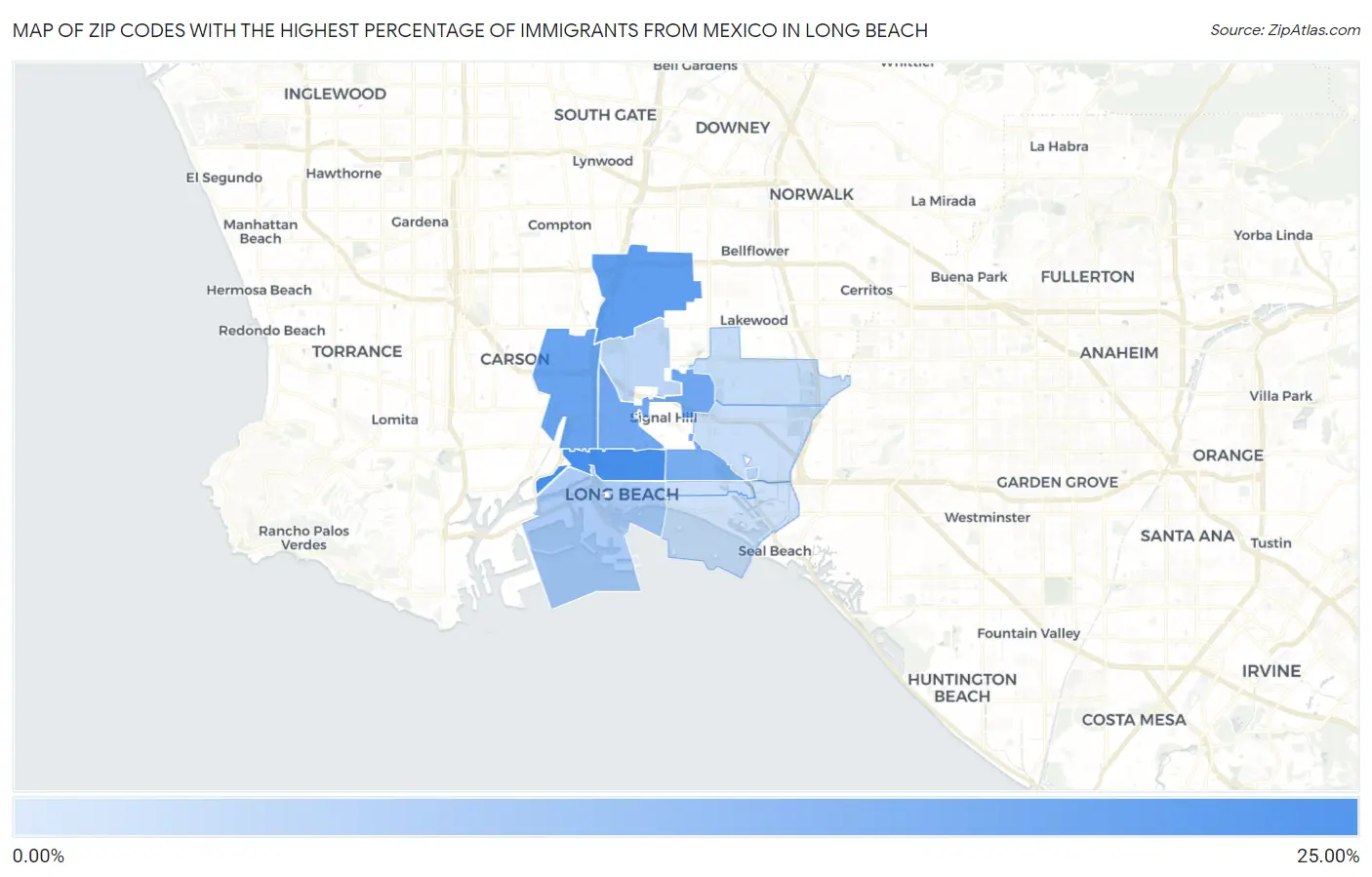 Zip Codes with the Highest Percentage of Immigrants from Mexico in Long Beach Map