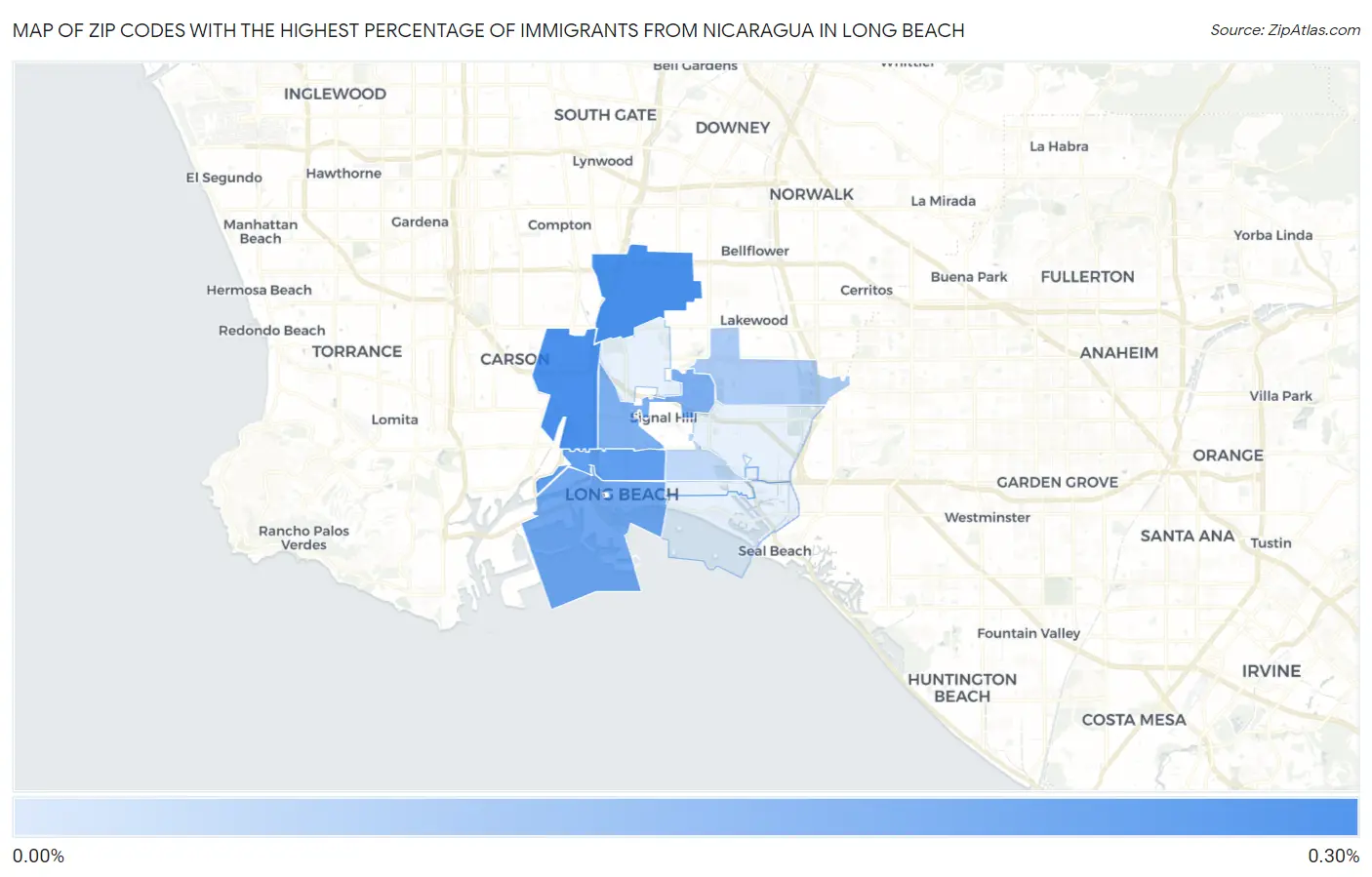 Zip Codes with the Highest Percentage of Immigrants from Nicaragua in Long Beach Map