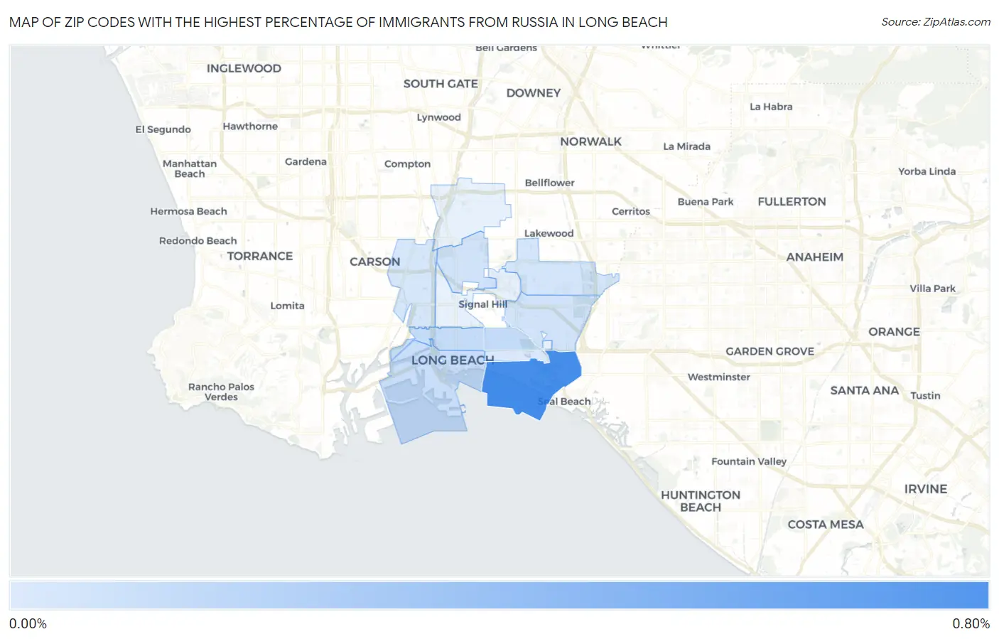 Zip Codes with the Highest Percentage of Immigrants from Russia in Long Beach Map
