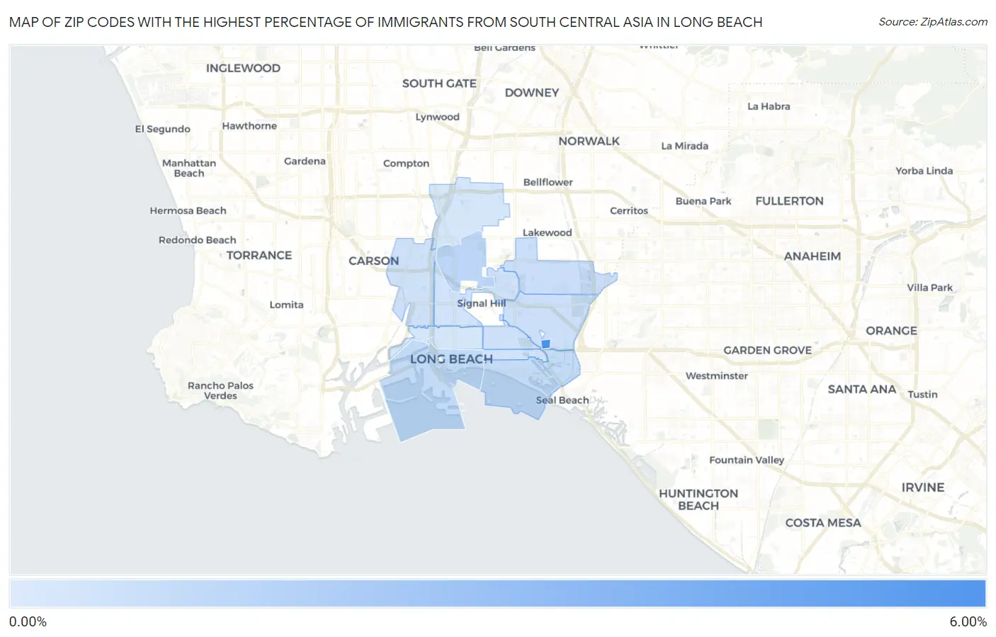 Zip Codes with the Highest Percentage of Immigrants from South Central Asia in Long Beach Map